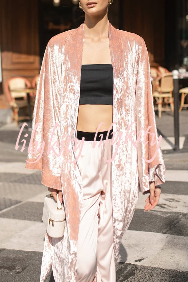 Gorgeous Glossy Velvet Long Bell Sleeve Tie-up Pocket Midi Kimono Coat