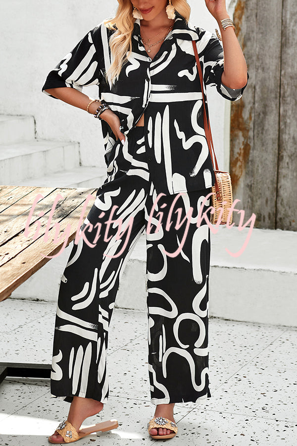 Irregular Printed Button Pocket Long Sleeved Shirt and Elastic Waist Pants Set