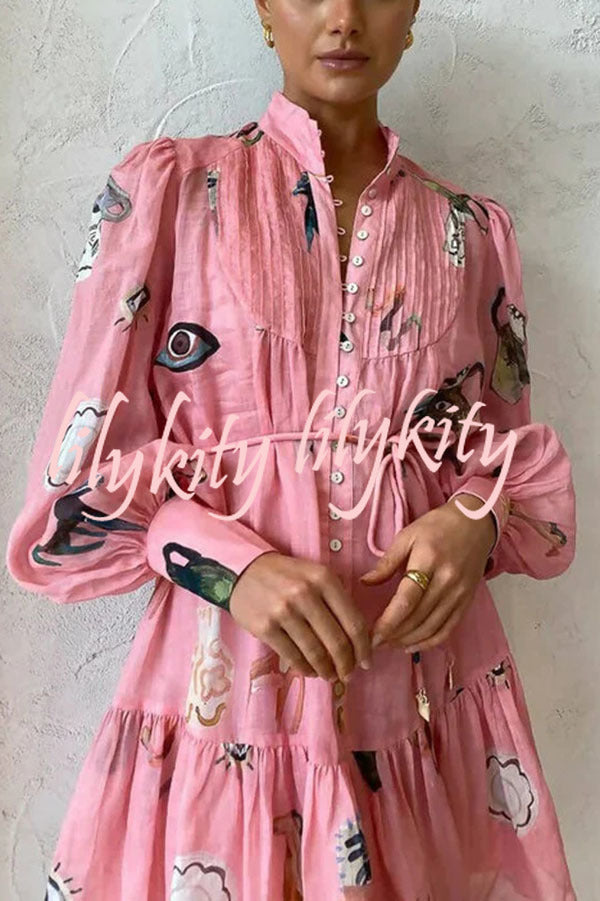 Unique Print Single Breasted Balloon Sleeve Tie Waist Ruffled Mini Dress