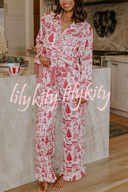 Christmas Night Satin Loose Shirt and Elastic Waist Pocketed Pajama Set