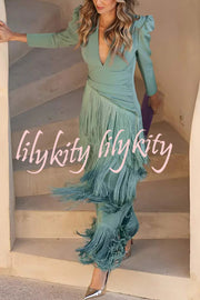 Solid Color V-Neck Long Sleeve Elegant Tassel Maxi Dress