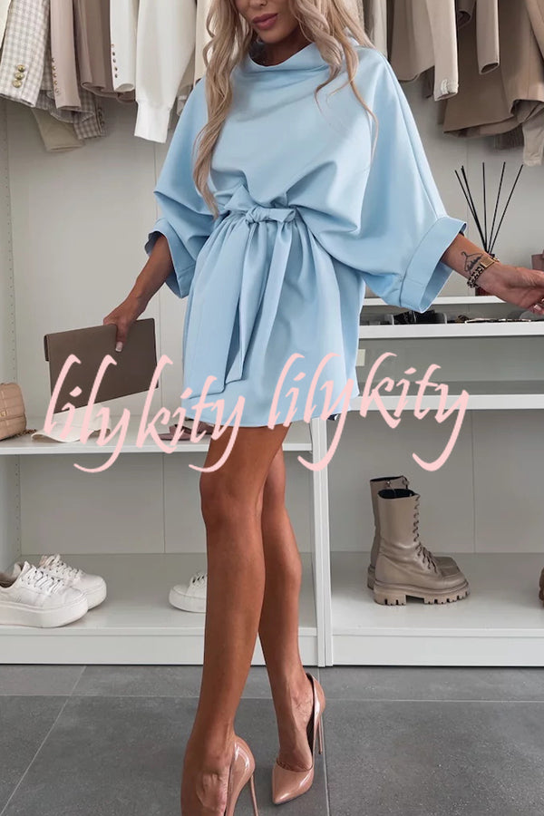 Solid Color Loose Round Neck Belted Mini Dress