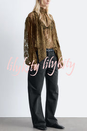 Reigna Semi-sheer Floral Lace Bow Neck Balloon Sleeve Loose Blouse
