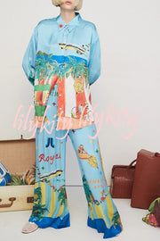 Vacation Flights Satin Unique Print Elastic Waist Pocketed Wide Leg Pants