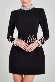 Lovers Kiss Pearl Trim High Neck Long Sleeve Pocketed Tulip Mini Dress