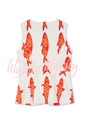Good Luck Linen Blend Koi Pattern Metal Buttons Waisted Vest