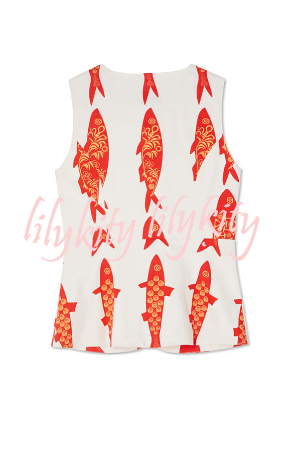 Good Luck Linen Blend Koi Pattern Metal Buttons Waisted Vest