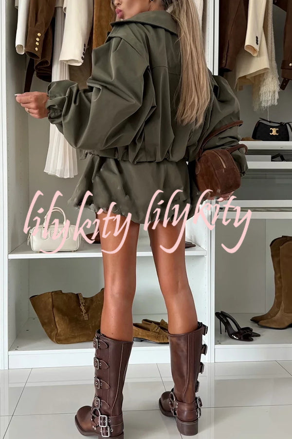 Fashion Style Button Long Balloon Sleeve Pocket Lapel Casual Bomber Jacket
