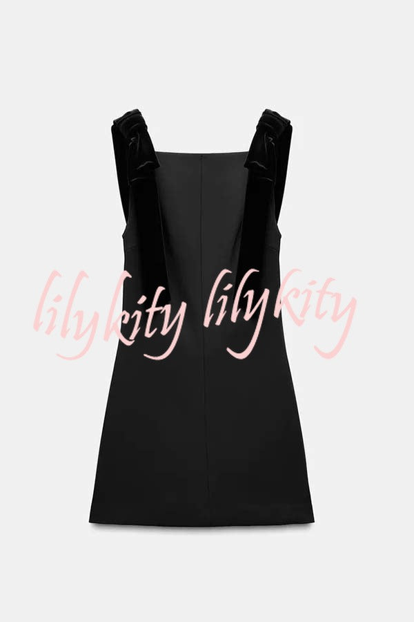 Miss Hepburn Velvet Bow Straps Straight Neckline Loose Mini Dress