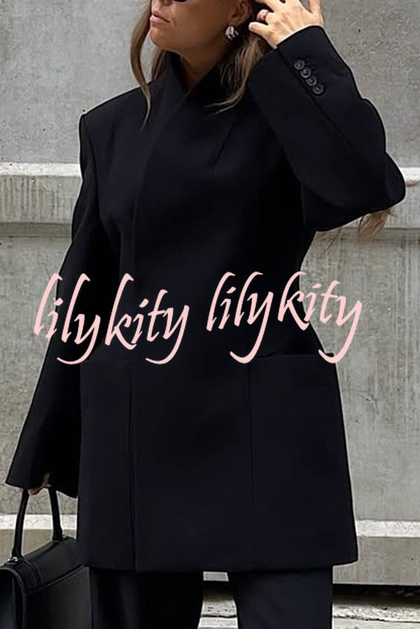 Solid Color Lapel Long Sleeve Casual Pocket Long Blazer