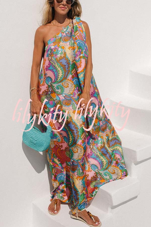 Rainbow Breeze Satin Unique Print Bow One Shoulder Loose Maxi Dress