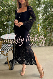 Luxe Lifestyle Lace Square Neck Bell Sleeve Lined Slit Midi Dress