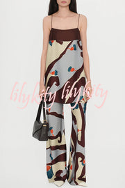 Loving Views Satin Unique Print a-line Tank and Elastic Waist Loose Pants Set