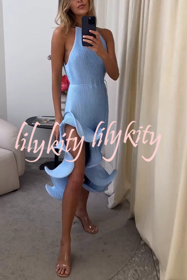 Solid Color Sleeveless Waist Tie Irregular Ruffle Slim Midi Dress