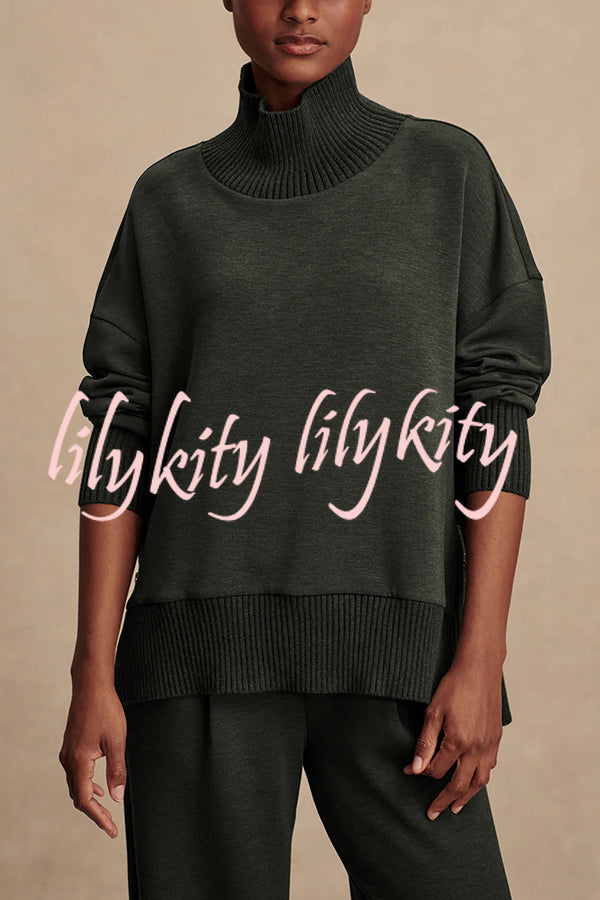 Barker High-Neck Long Sleeve Side Zipper Sweatshirt and Elastic Waist Pocketed Loose Pants Set