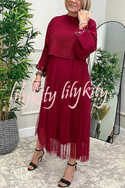 Fenna Ribbed Sequin Trim Batwing Sleeve Sweater and Pleated Tulle Stretch Tank Midi Dress Two-piece Set