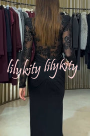 Fenna Sheer Floral Sequin Shoulder Pads Long Sleeve Drape Slit Maxi Dress