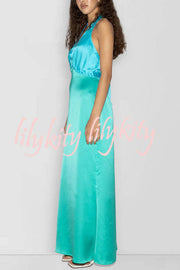 Like A Gem Satin Colorblock Halter Backless Party Maxi Dress