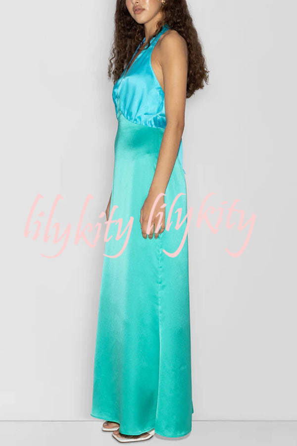 Like A Gem Satin Colorblock Halter Backless Party Maxi Dress