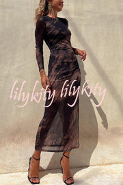 Charm Lady Mesh Overlay Tie Dye Print Long Sleeve Ruched Stretch Midi Dress