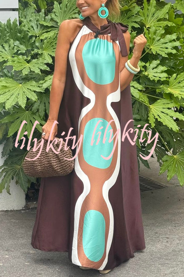 Unique Print Sleeveless Halter Neck Loose Holiday Maxi Dress