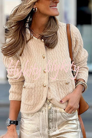 Solid Color V-neck Long-sleeved Loose Pocket Knit Cardigan