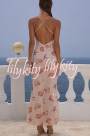 Beach Club Sequin Unique Print Open Back Stretch Maxi Dress