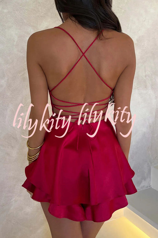 Ruffled Elegant Satin Strappy Satin Backless Lace Up Mini Dress