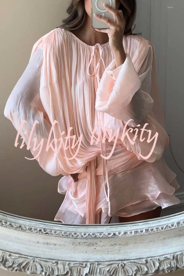 Ninah Glitter Fabric Pleated Balloon Sleeve Tiered Ruffle Hem Mini Dress