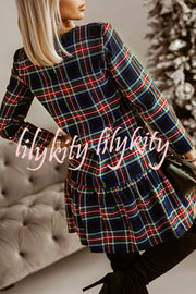 Fashionable Plaid Print Long Sleeve Round Neck Slim Fit Mini Dress