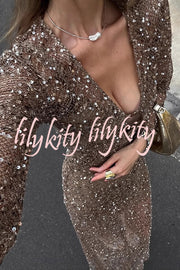 Fashion Sequined Hollow V-neck Long-sleeved Holiday Midi Dress