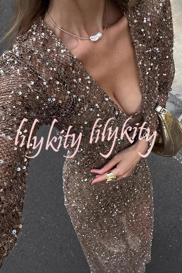 Fashion Sequined Hollow V-neck Long-sleeved Holiday Midi Dress