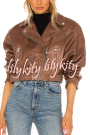 Fashion Lapel Long Sleeve Casual Zipper Pocket Leather Jacket