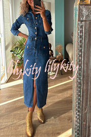 Tessy Denim Metal Button Zipper Shirt Stretch Pencil Slit Midi Dress