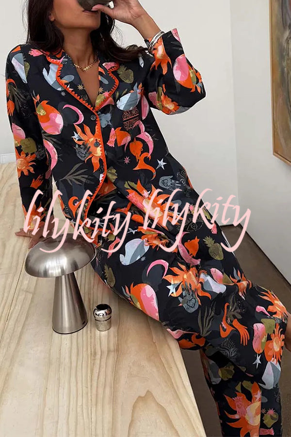Evening Routine Unique Print Color-block Trim Loose Shirt and Elastic Waist Pocketed Pajama Set