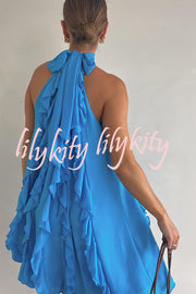 Oh So Sweet Chiffon High Neck Ruffle Pleated A-line Mini Dress