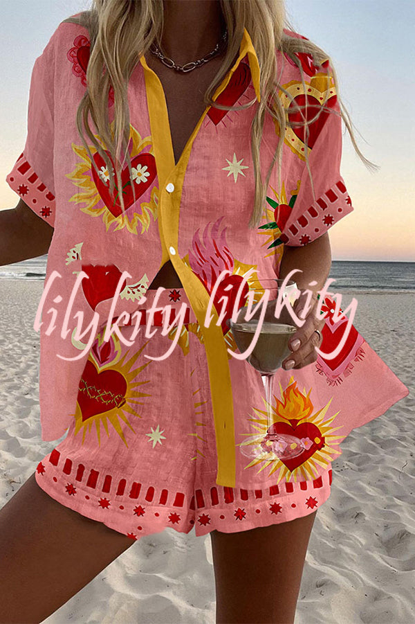 Beach Heart Print Loose Button Elastic Waist Shorts Set