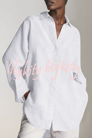 Reality Calling Linen Blend Solid Button Long Sleeve Loose Blouse