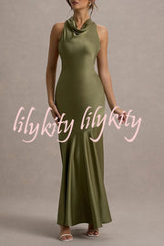 Timeless Sophistication Satin Cowl Detail Back Self-tie Halter Neck Maxi Dress