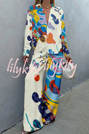 Stunning Art Print Buttoned Wide Leg Pant Suit