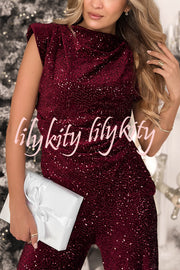 Stylish Sparkly Velvet Sequin Sleeveless Pleated Top and Casual Wide-leg Pants Set