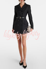 Parisian Style Double-breasted Long Sleeve Flare Hem Lapel Blazer Mini Dress