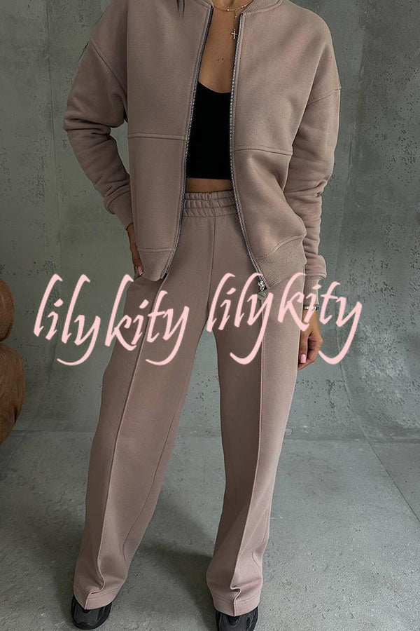 Solid Color Casual Long Sleeve Zipper Jacket and Elastic Waist Pocket Wide Leg Pants Set