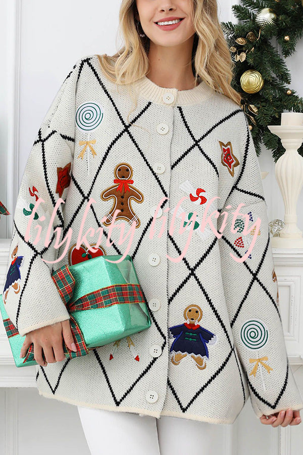 Argyle Candy Gingerbread Man Embroidered Button-knit Cardigan