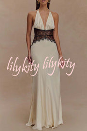 Seductive Details Satin Lace Waist Halter Tie-up Backless Maxi Dress