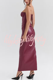 Charm Redefined Faux Leather Off Shoulder Back Lace-up Stretch Maxi Dress