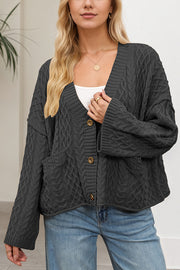 Solid Color Loose V-neck Long-sleeved Casual Pocket Knitted Cardigan