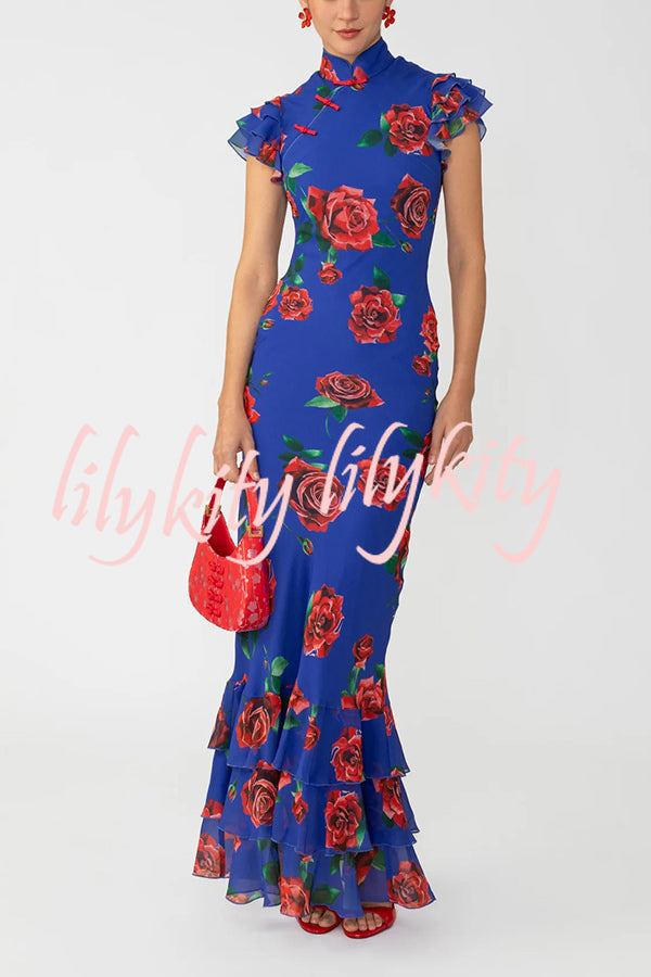 Cheongsam Style Rose Print Layered Trumpet Sleeves Stand Collar Maxi Dress