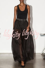 Avant-garde Fashion Denim Flowing Organza Patchwork Pocketed Wide Leg Jeans