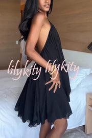 Chiffon Solid Color Halter Backless Irregular Mini Dress